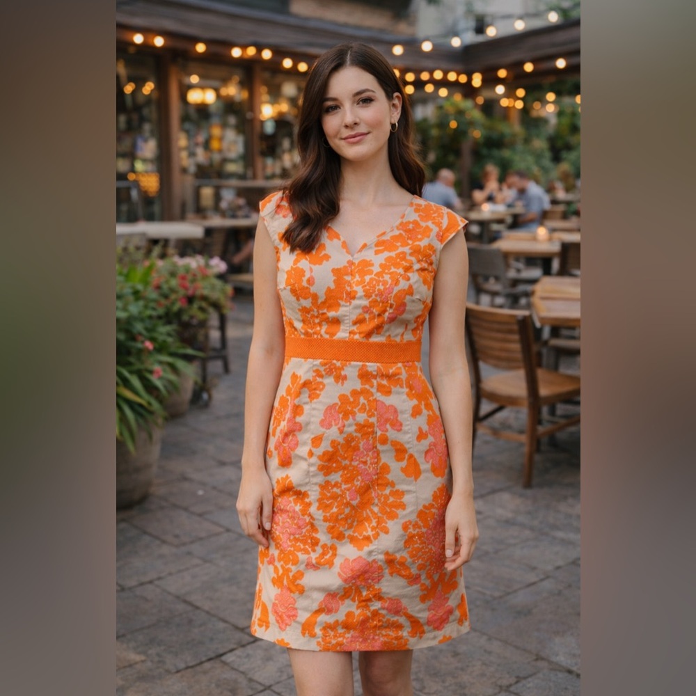 Boden Women's Tan/Orange/Pink Floral Brocade Cap Sleeve Sheath Dress Sz 4P